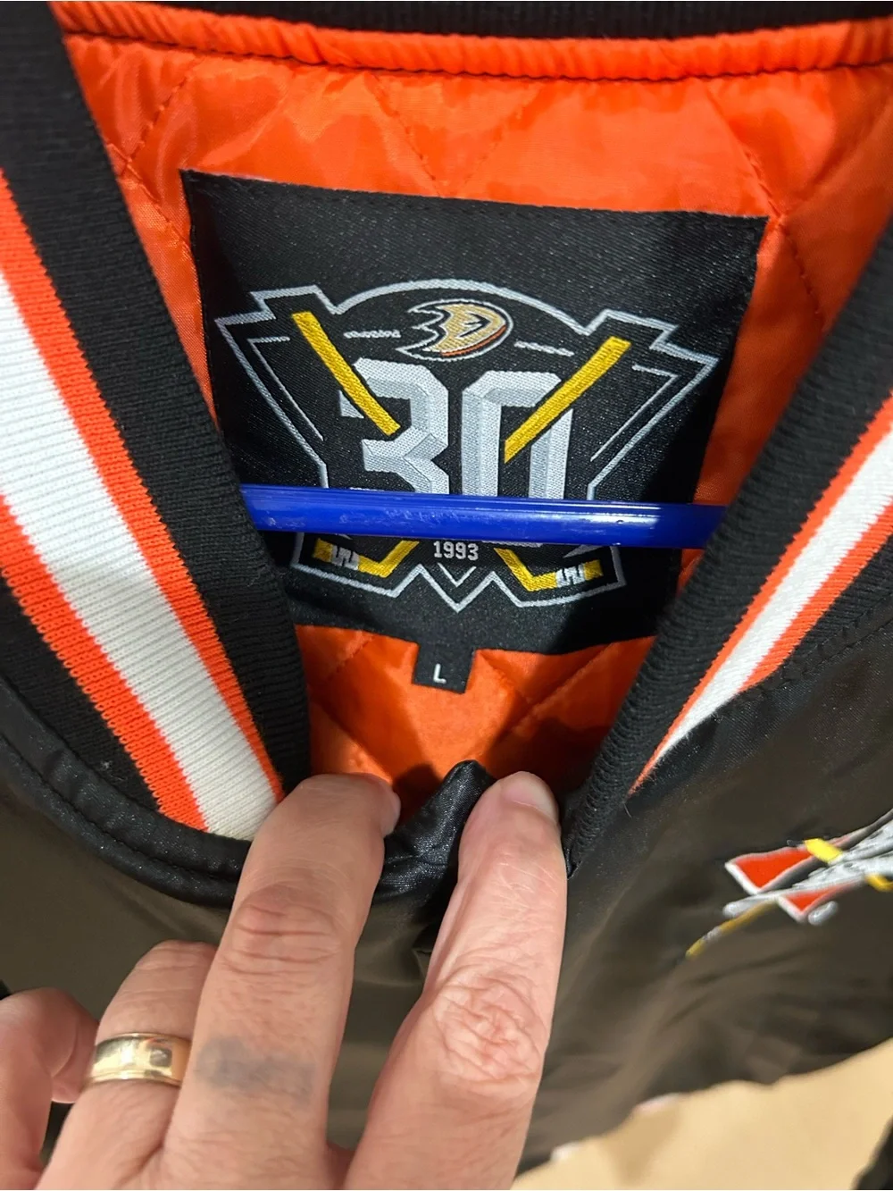 Men’s Black 30 Anniversary Anaheim Ducks Bomber Jacket with Orange. Sz Large